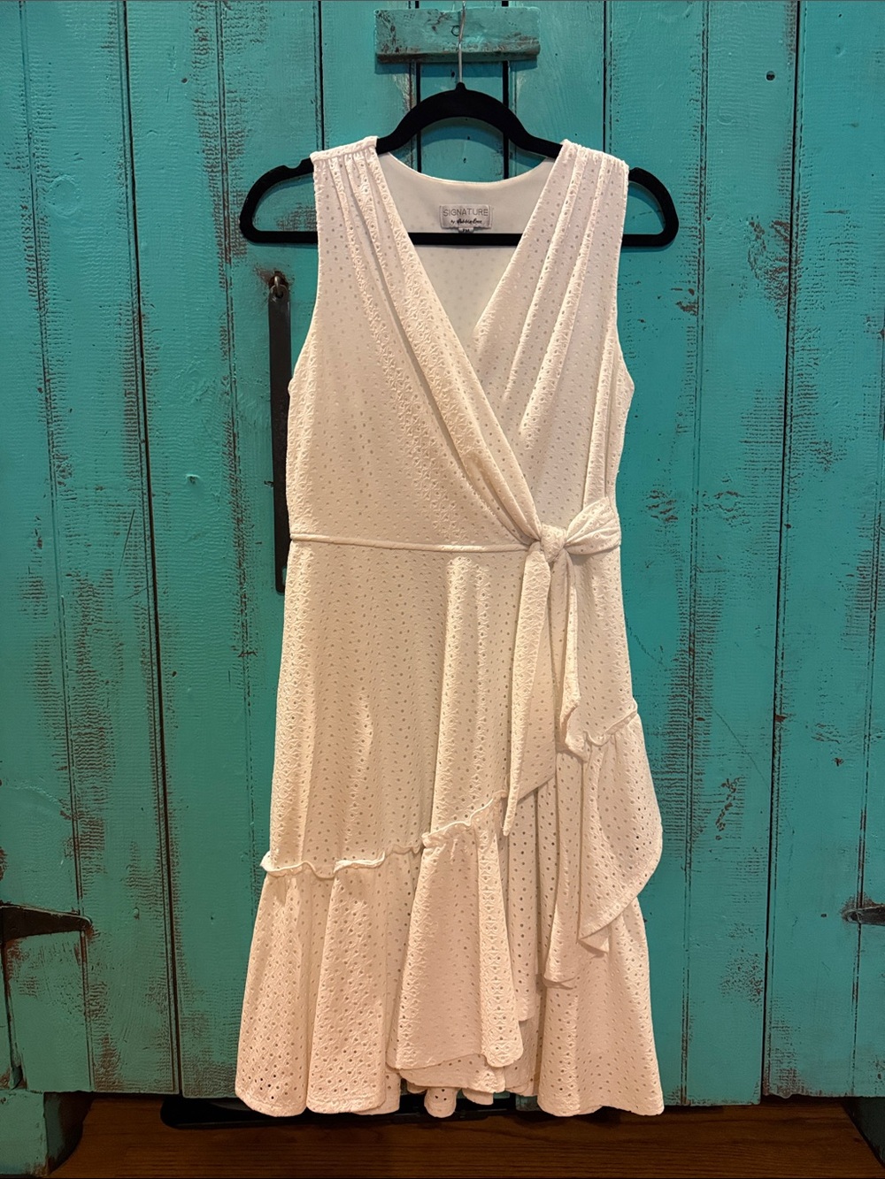 Sleeveless White Eyelet Wrap Dress with Tie